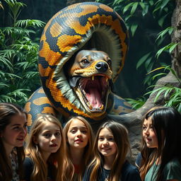 A captivating and intense scene of a large python coiling around and swallowing a terrified Doberman alive within a zoo exhibit