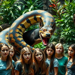 A captivating and intense scene of a large python coiling around and swallowing a terrified Doberman alive within a zoo exhibit