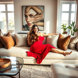 An elegant, curvaceous woman lounging on a luxurious modern couch in a chic living room