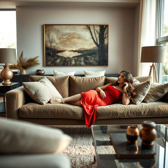 An elegant, curvaceous woman lounging on a luxurious modern couch in a chic living room