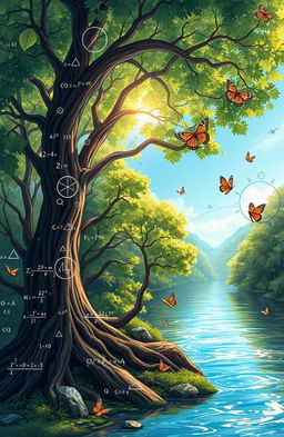An intricate illustration of mathematics and mathematical symbols blended with nature