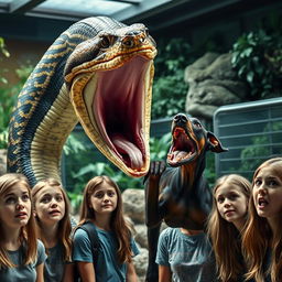 An intense and vivid scene depicting a large python in the process of swallowing a terrified Doberman alive in a zoo exhibit