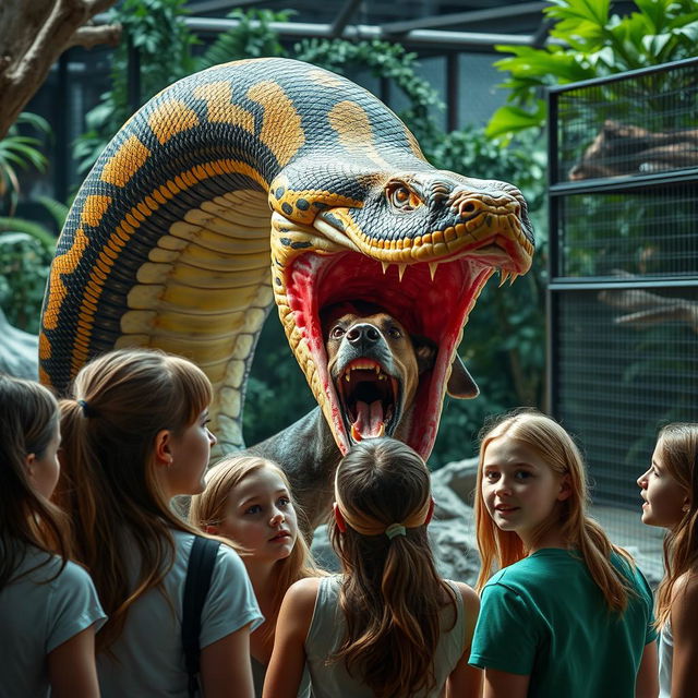 An intense and vivid scene depicting a large python in the process of swallowing a terrified Doberman alive in a zoo exhibit