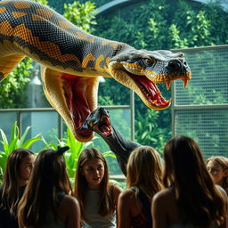 An intense and vivid scene depicting a large python in the process of swallowing a terrified Doberman alive in a zoo exhibit