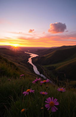 A beautiful and captivating landscape showcasing a vivid sunset over rolling hills, with a river winding through the valley
