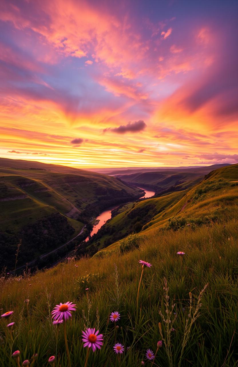 A beautiful and captivating landscape showcasing a vivid sunset over rolling hills, with a river winding through the valley