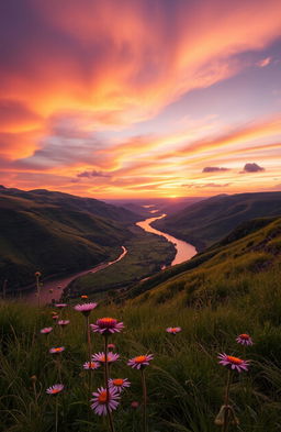 A beautiful and captivating landscape showcasing a vivid sunset over rolling hills, with a river winding through the valley