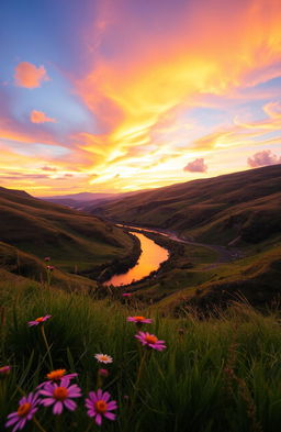 A beautiful and captivating landscape showcasing a vivid sunset over rolling hills, with a river winding through the valley