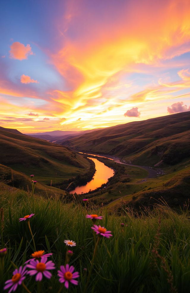 A beautiful and captivating landscape showcasing a vivid sunset over rolling hills, with a river winding through the valley
