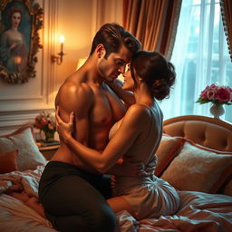 An artistic representation of an intimate and passionate moment between two adults, capturing their emotional connection and desire