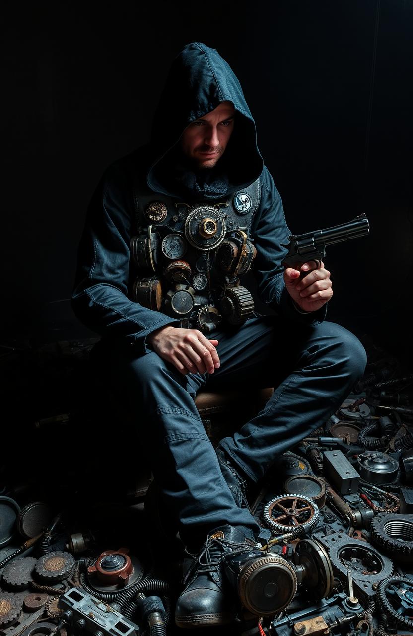 A solitary man seated in a dimly lit environment, his face obscured by a deep hood casting shadows