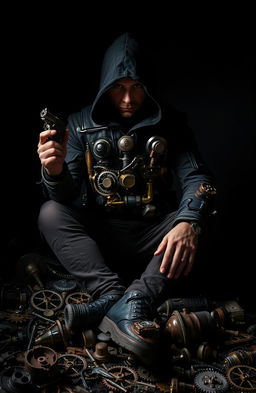 A solitary man seated in a dimly lit environment, his face obscured by a deep hood casting shadows