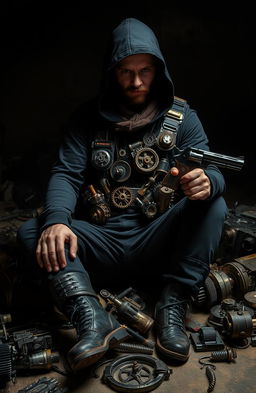 A solitary man seated in a dimly lit environment, his face obscured by a deep hood casting shadows