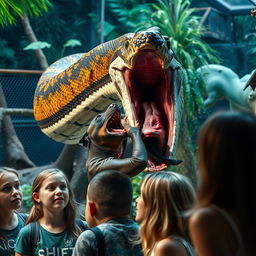 An intense scene showing a large python in the process of swallowing a terrified Doberman alive in a zoo exhibit