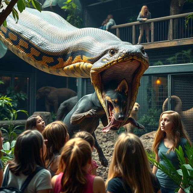 An intense scene showing a large python in the process of swallowing a terrified Doberman alive in a zoo exhibit