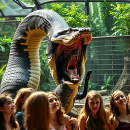 An intense scene showing a large python in the process of swallowing a terrified Doberman alive in a zoo exhibit