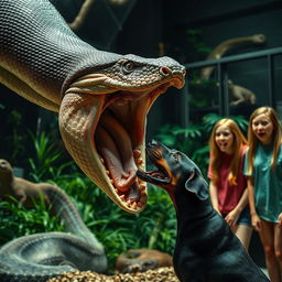 A dramatic scene depicting a large python in the process of swallowing a terrified Doberman alive in a zoo exhibit