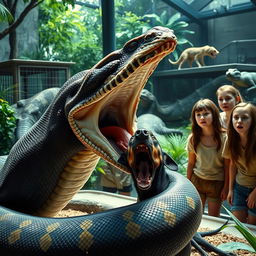 A dramatic scene depicting a large python in the process of swallowing a terrified Doberman alive in a zoo exhibit