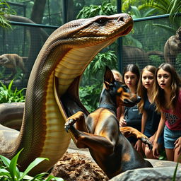 A dramatic scene depicting a large python in the process of swallowing a terrified Doberman alive in a zoo exhibit