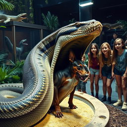 A dramatic scene depicting a large python in the process of swallowing a terrified Doberman alive in a zoo exhibit