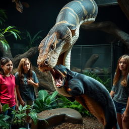 A dramatic scene featuring a massive python in the act of devouring a terrified Doberman alive within a zoo exhibit