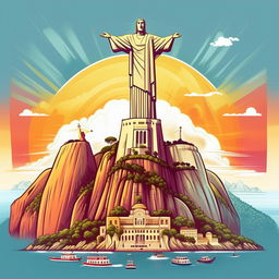 Illustrate a bright and colorful, cartoon-style image of the capital city Rio de Janeiro, prominently featuring the iconic Christ the Redeemer statue and Sugarloaf Mountain.