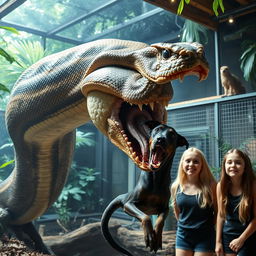 A dramatic scene featuring a massive python in the act of devouring a terrified Doberman alive within a zoo exhibit