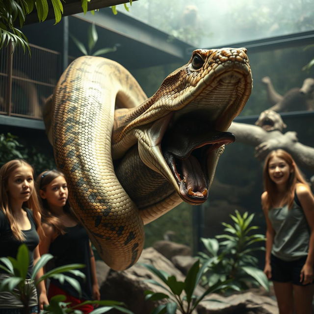 A dramatic scene featuring a massive python in the act of devouring a terrified Doberman alive within a zoo exhibit