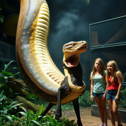 A dramatic portrayal of a massive python in the act of swallowing a terrified Doberman alive within a zoo exhibit