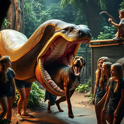 A dramatic portrayal of a massive python in the act of swallowing a terrified Doberman alive within a zoo exhibit