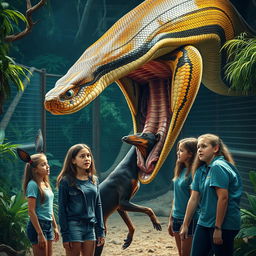 A dramatic portrayal of a massive python in the act of swallowing a terrified Doberman alive within a zoo exhibit