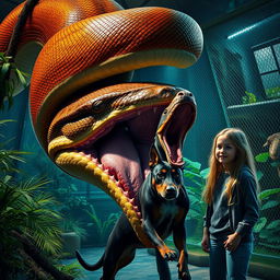 A dramatic portrayal of a massive python in the act of swallowing a terrified Doberman alive within a zoo exhibit