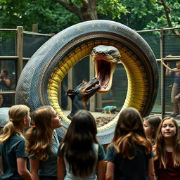 A massive python coils around a terrified Doberman, preparing to swallow it alive, in a dramatic zoo exhibit setting