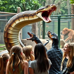A massive python coils around a terrified Doberman, preparing to swallow it alive, in a dramatic zoo exhibit setting