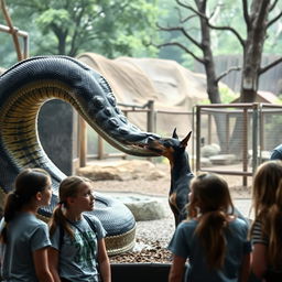 A massive python coils around a terrified Doberman, preparing to swallow it alive, in a dramatic zoo exhibit setting