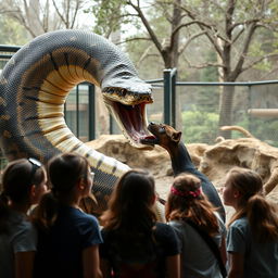 A massive python coils around a terrified Doberman, preparing to swallow it alive, in a dramatic zoo exhibit setting