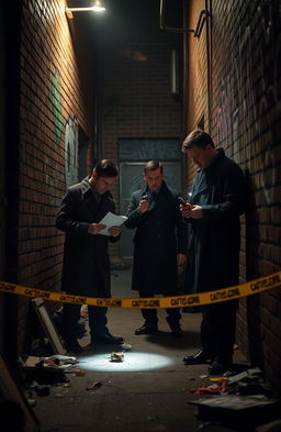 A dramatic crime scene investigation taking place in a dimly lit urban alley