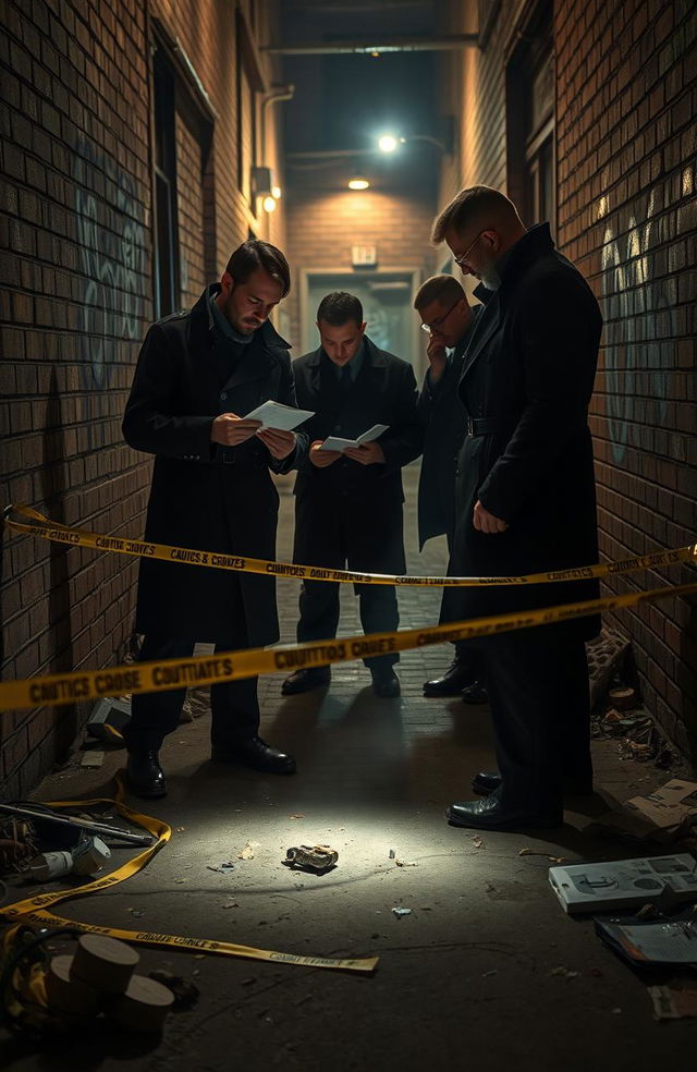 A dramatic crime scene investigation taking place in a dimly lit urban alley