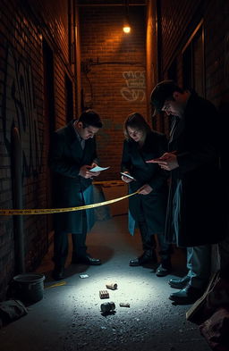 A dramatic crime scene investigation taking place in a dimly lit urban alley