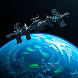 A breathtaking view of a massive space station orbiting a vibrant blue and green Earth