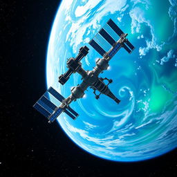 A breathtaking view of a massive space station orbiting a vibrant blue and green Earth