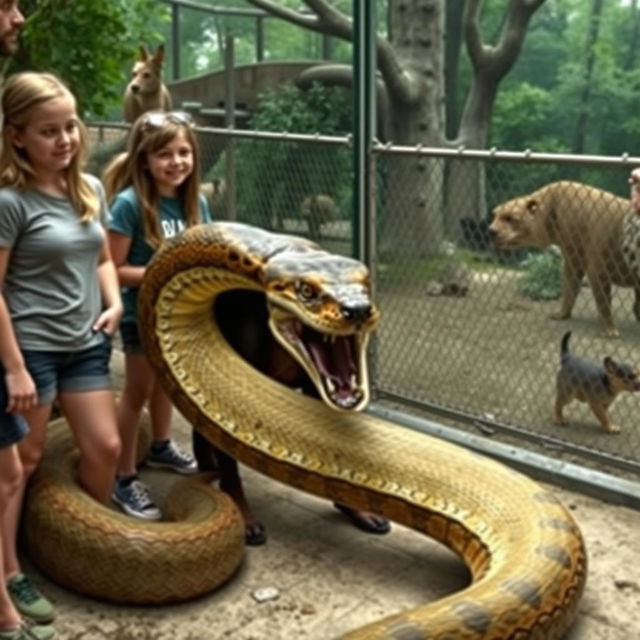 A large python is in the process of swallowing a terrified Doberman alive in a zoo exhibit