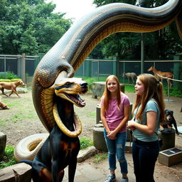 A large python is in the process of swallowing a terrified Doberman alive in a zoo exhibit