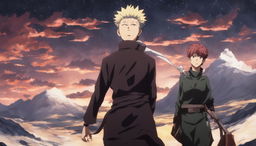 A Jujutsu Kaisen-style anime scene depicting a human trespasser in the celestial domain of the gods.