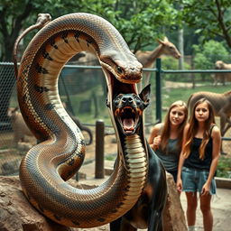 A large python is in the process of swallowing a terrified Doberman alive in a zoo exhibit