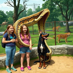 A large python is in the process of swallowing a terrified Doberman alive in a zoo exhibit