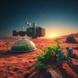 A captivating scene depicting a space station that has successfully landed on the surface of Mars