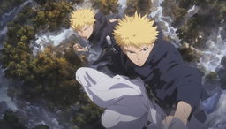 A Jujutsu Kaisen-style anime scene depicting a human trespasser in the celestial domain of the gods.