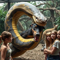 A gigantic python is in the midst of swallowing a terrified Doberman alive in a zoo exhibit