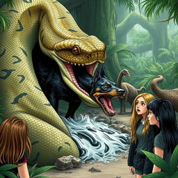 A gigantic python is in the midst of swallowing a terrified Doberman alive in a zoo exhibit